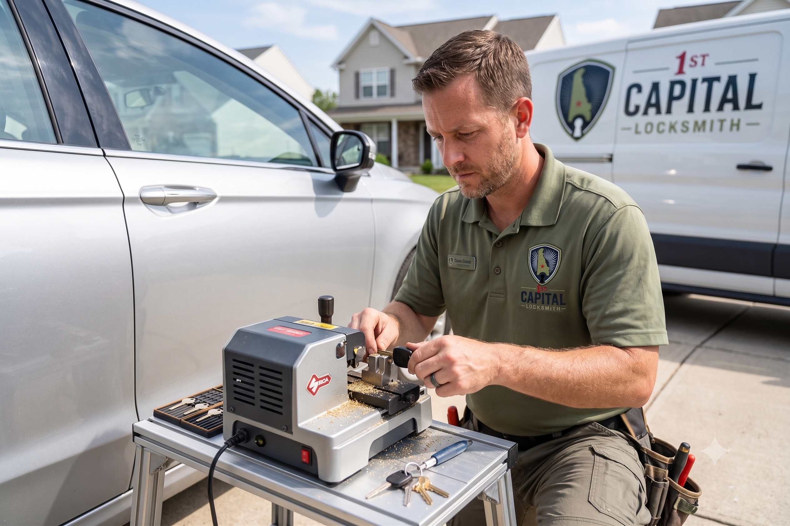 1st Capital Locksmith technician cutting a car key on-site in Delaware