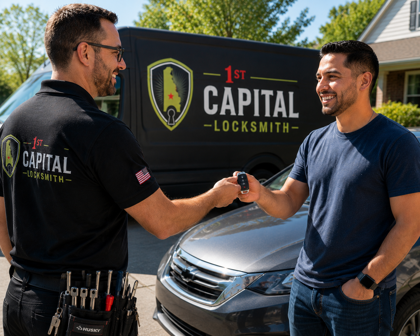 1st Capital Locksmith completing car key replacement for a Delaware customer