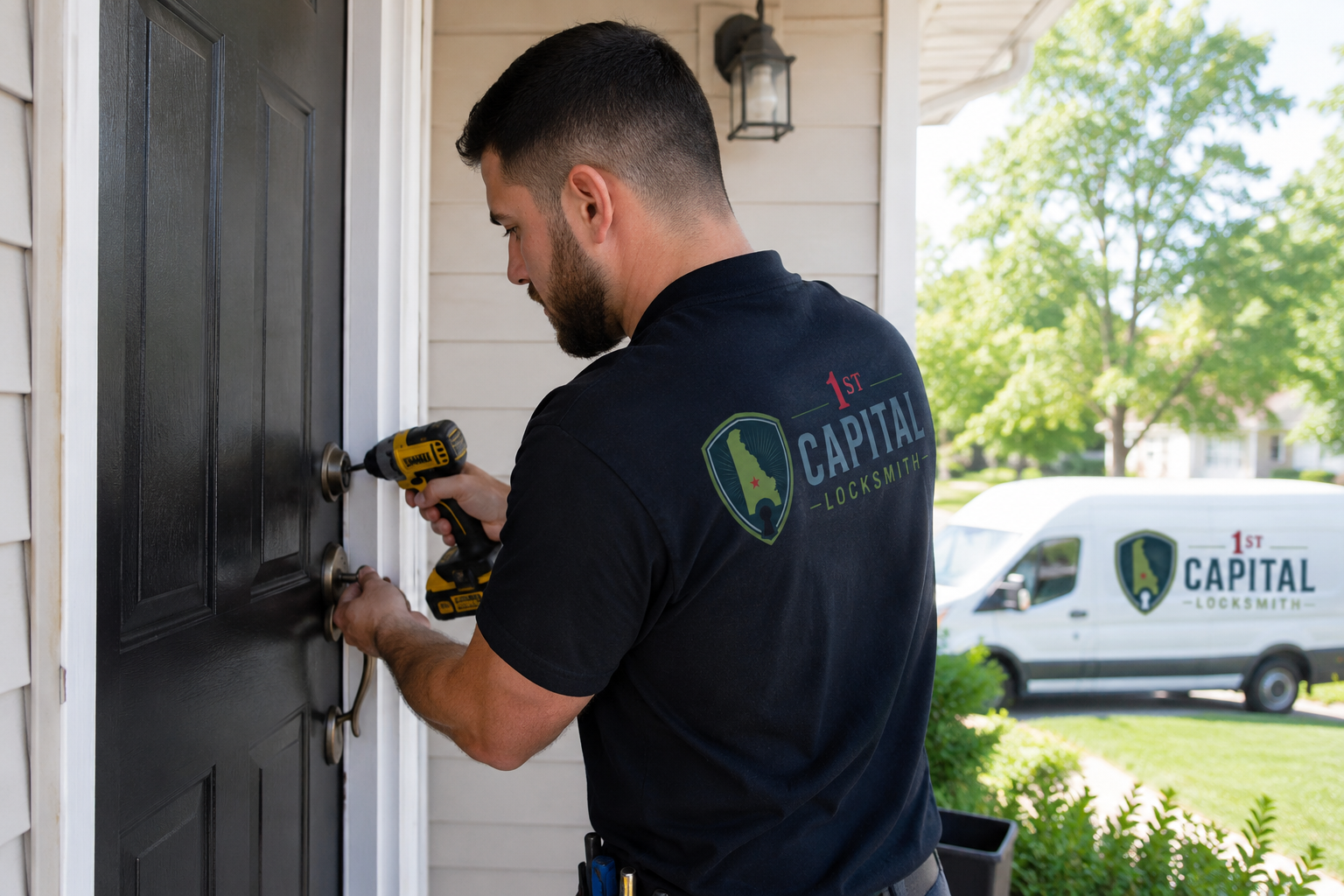 Professional deadbolt installation on a residential front door in Delaware