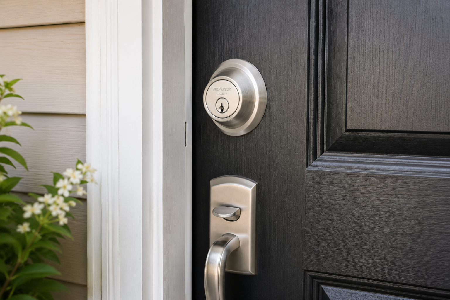 Newly installed Grade 1 deadbolt on a front door in Delaware