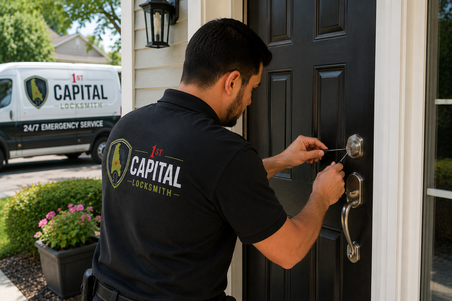 Emergency lockout technician unlocking residential door