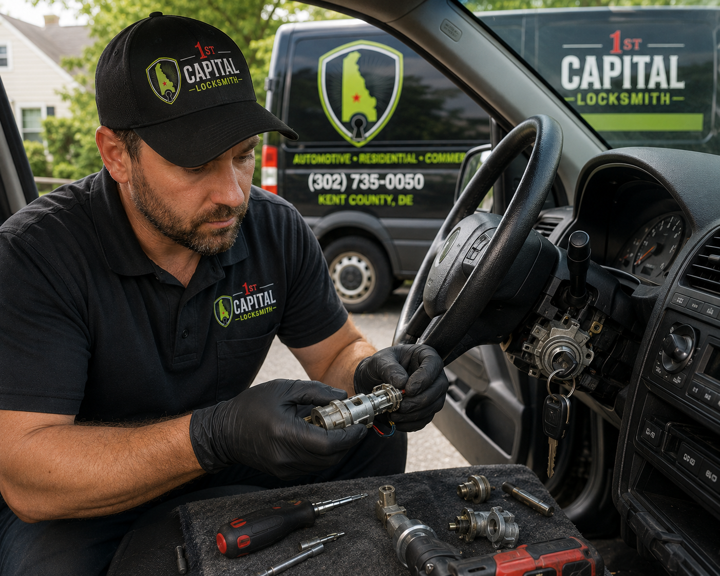 1st Capital Locksmith technician repairing an ignition on-site in Delaware