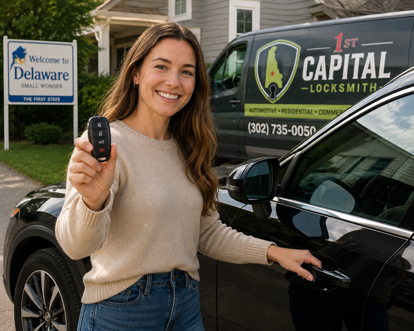 Customer with newly programmed key fob at their vehicle in Delaware
