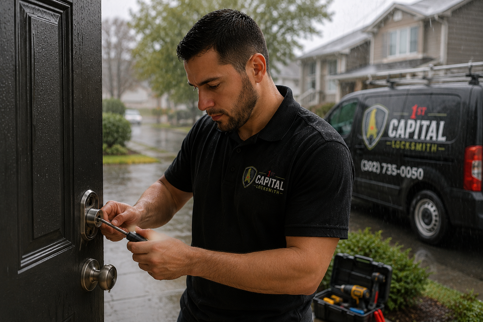 Professional lock change service on a residential front door in Delaware