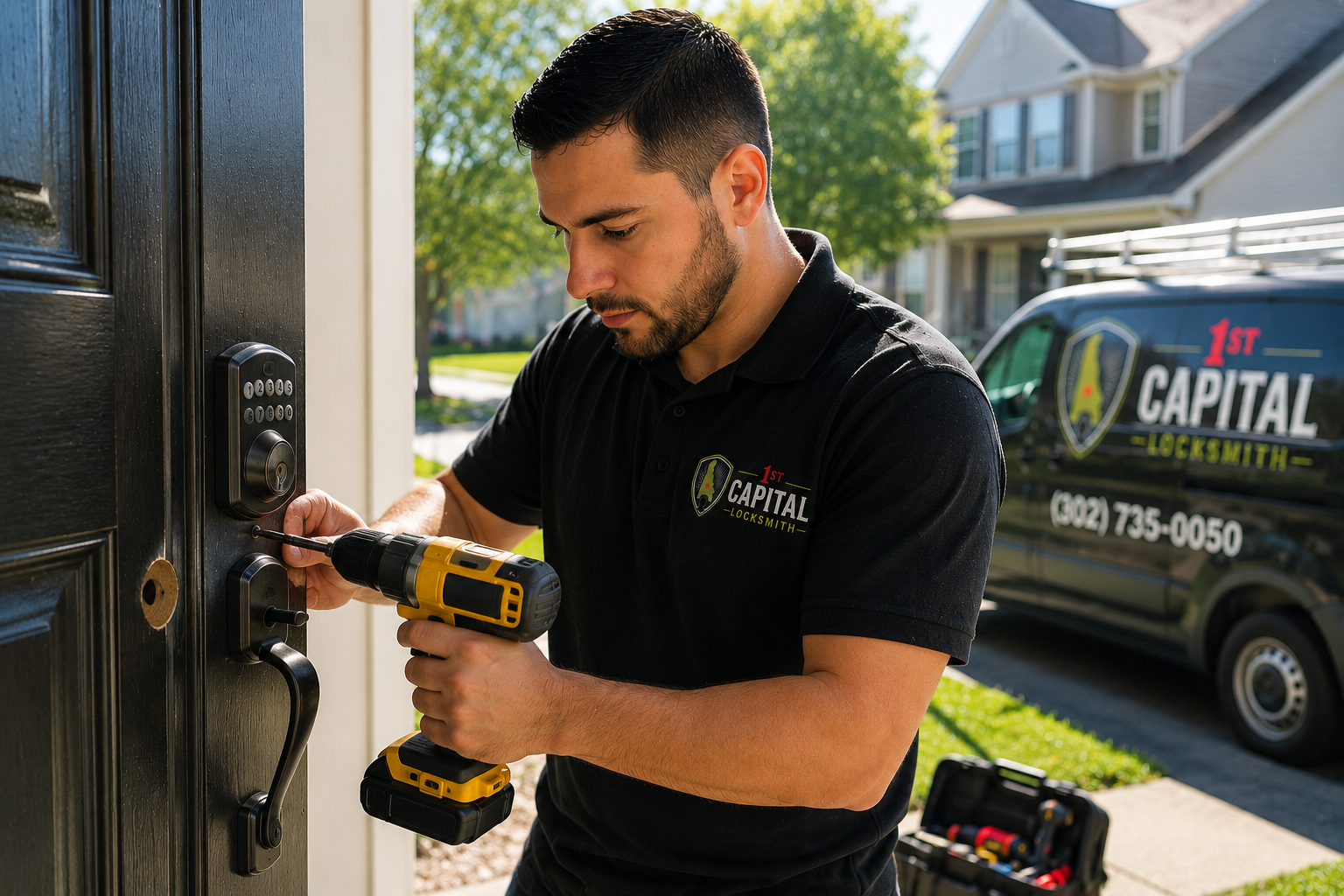 1st Capital Locksmith technician changing a door lock in Delaware