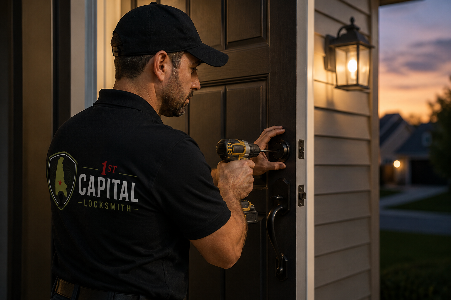 1st Capital Locksmith technician installing a deadbolt lock in Delaware