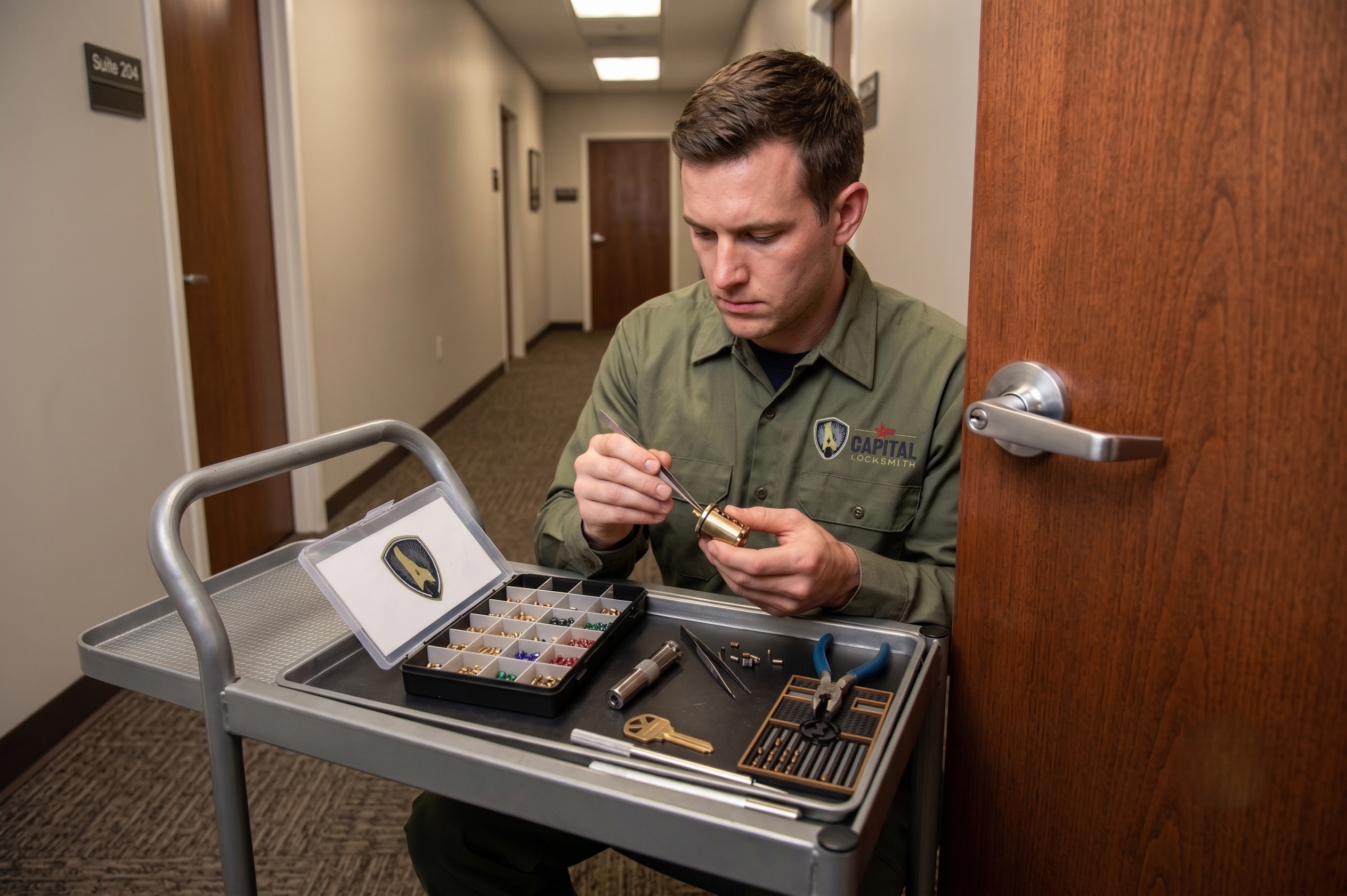 Locksmith rekeying office door lock in Delaware