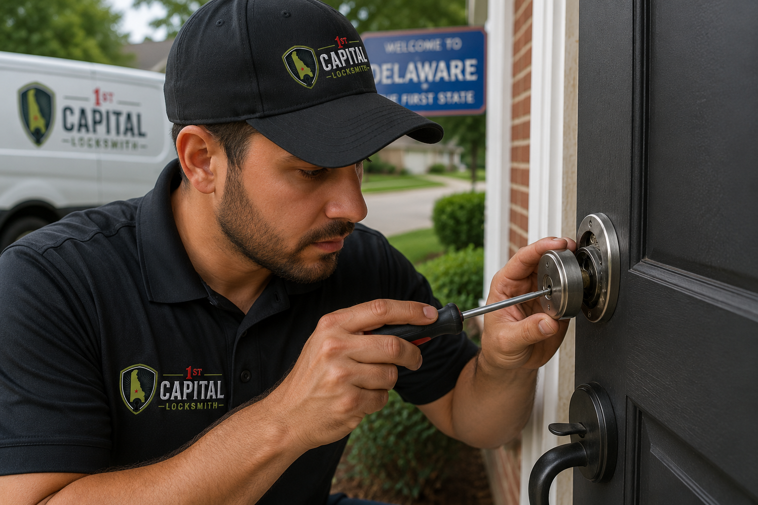 1st Capital Locksmith technician repairing a deadbolt lock in Delaware