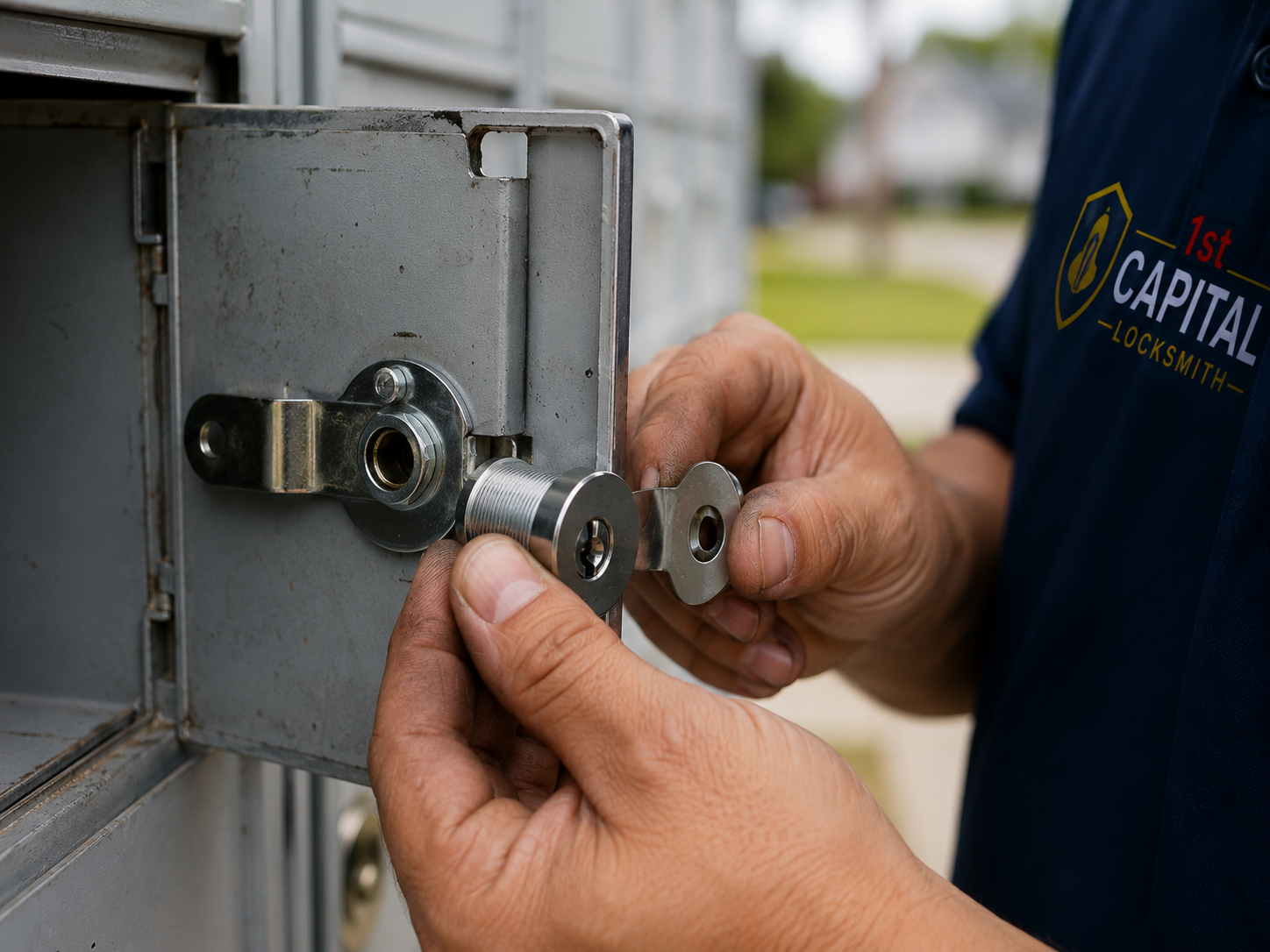Close-up of a mailbox lock being replaced in Delaware