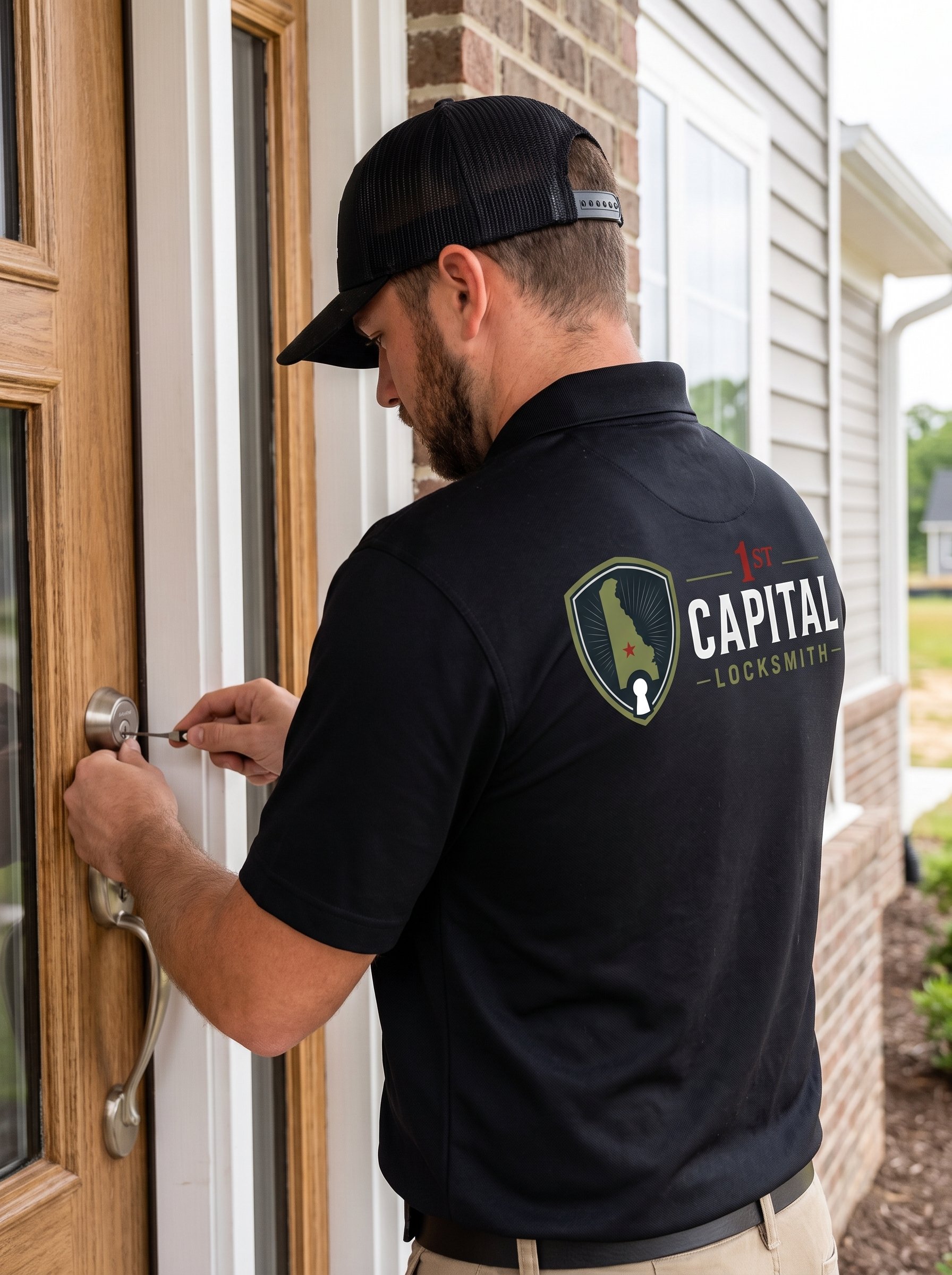 1st Capital Locksmith technician rekeying a front door deadbolt at a new construction home in Smyrna, DE
