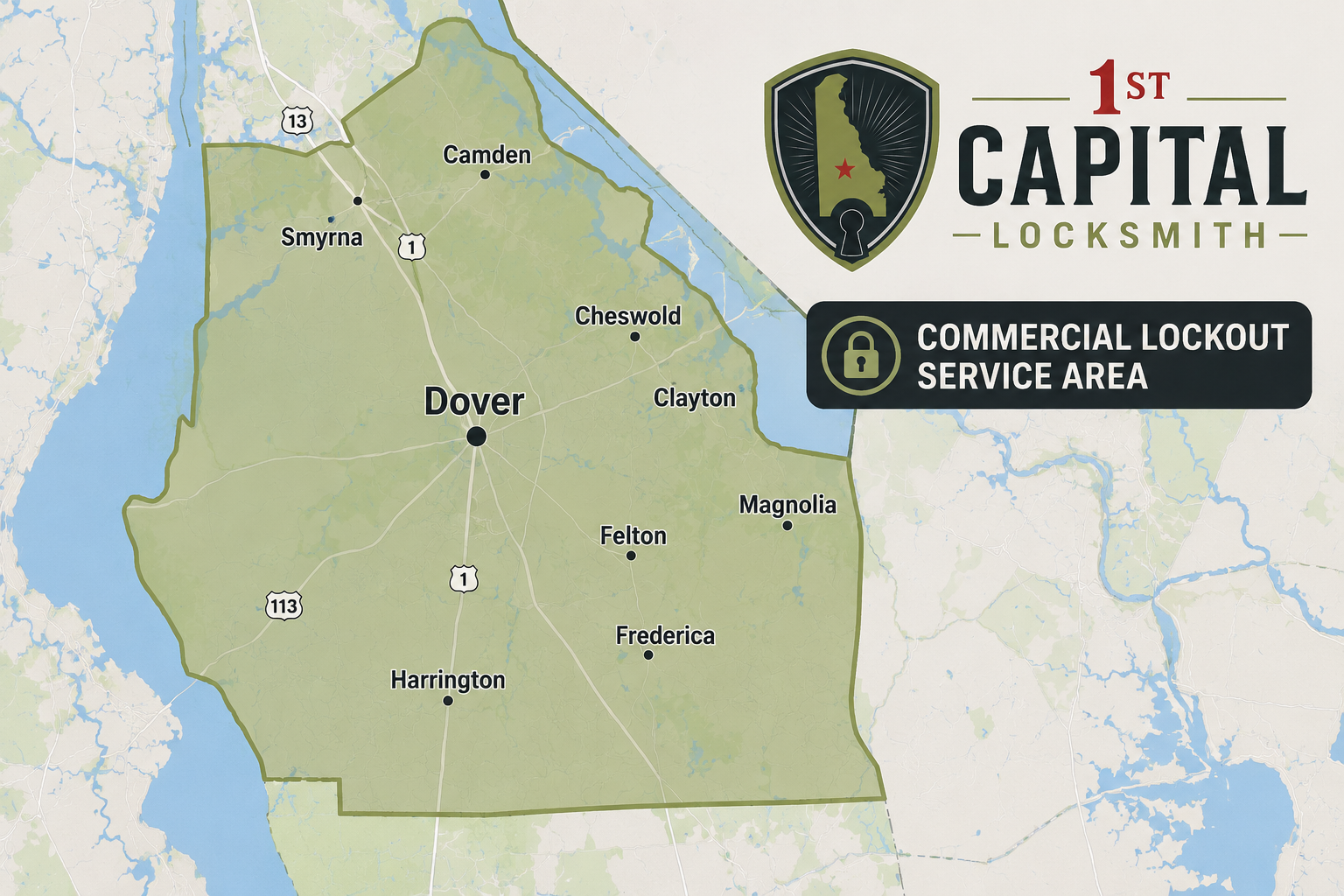 Commercial lockout service area in Kent County Delaware