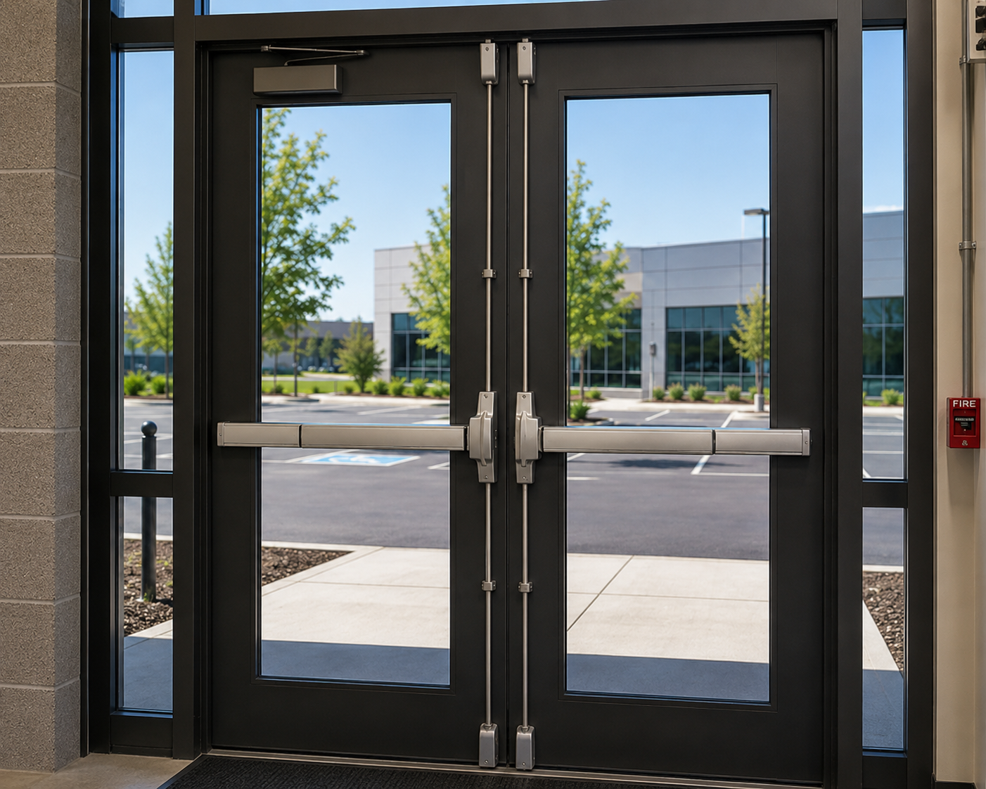 Vertical rod panic bar on double door commercial entry