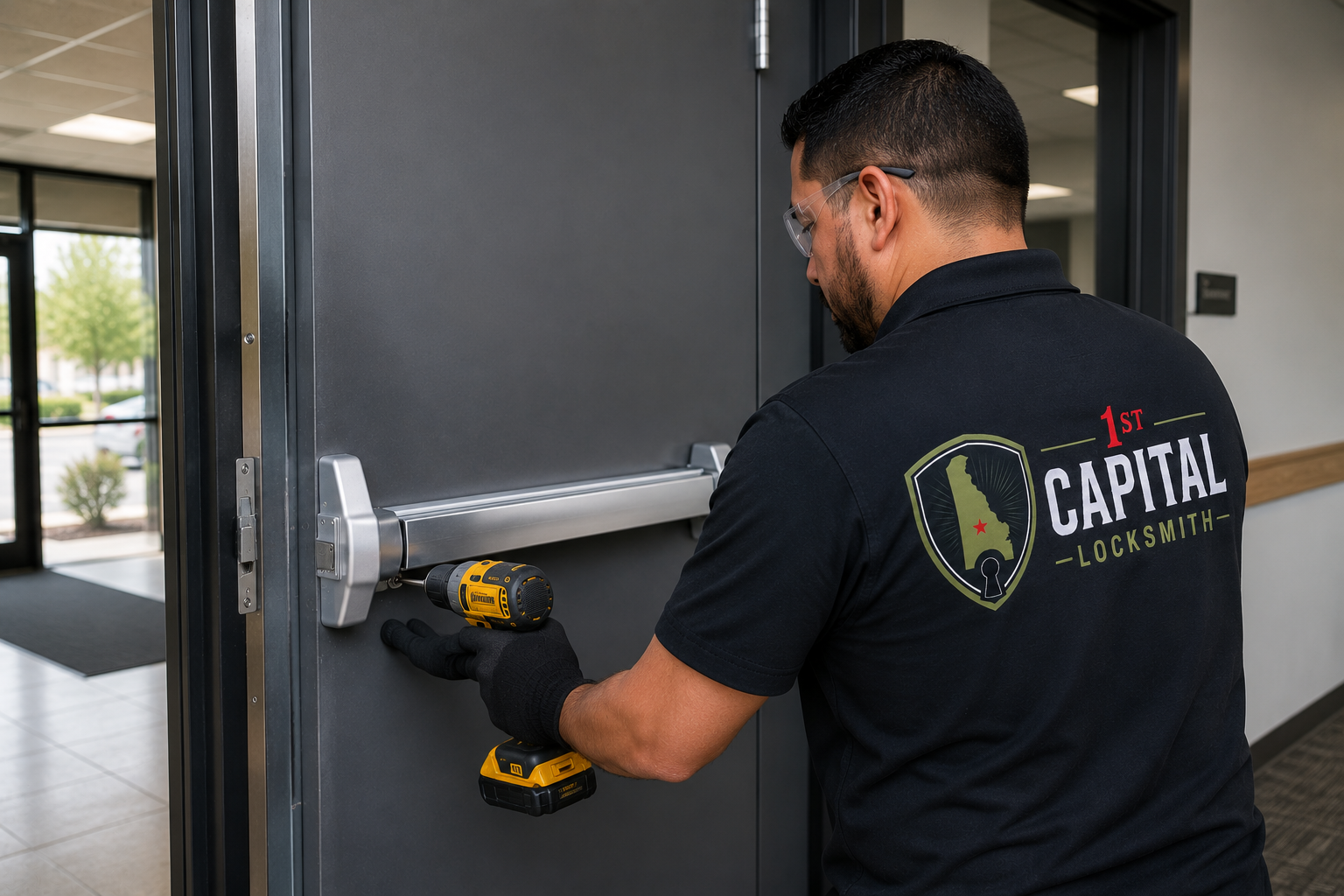 Panic bar exit device installation for Delaware commercial building