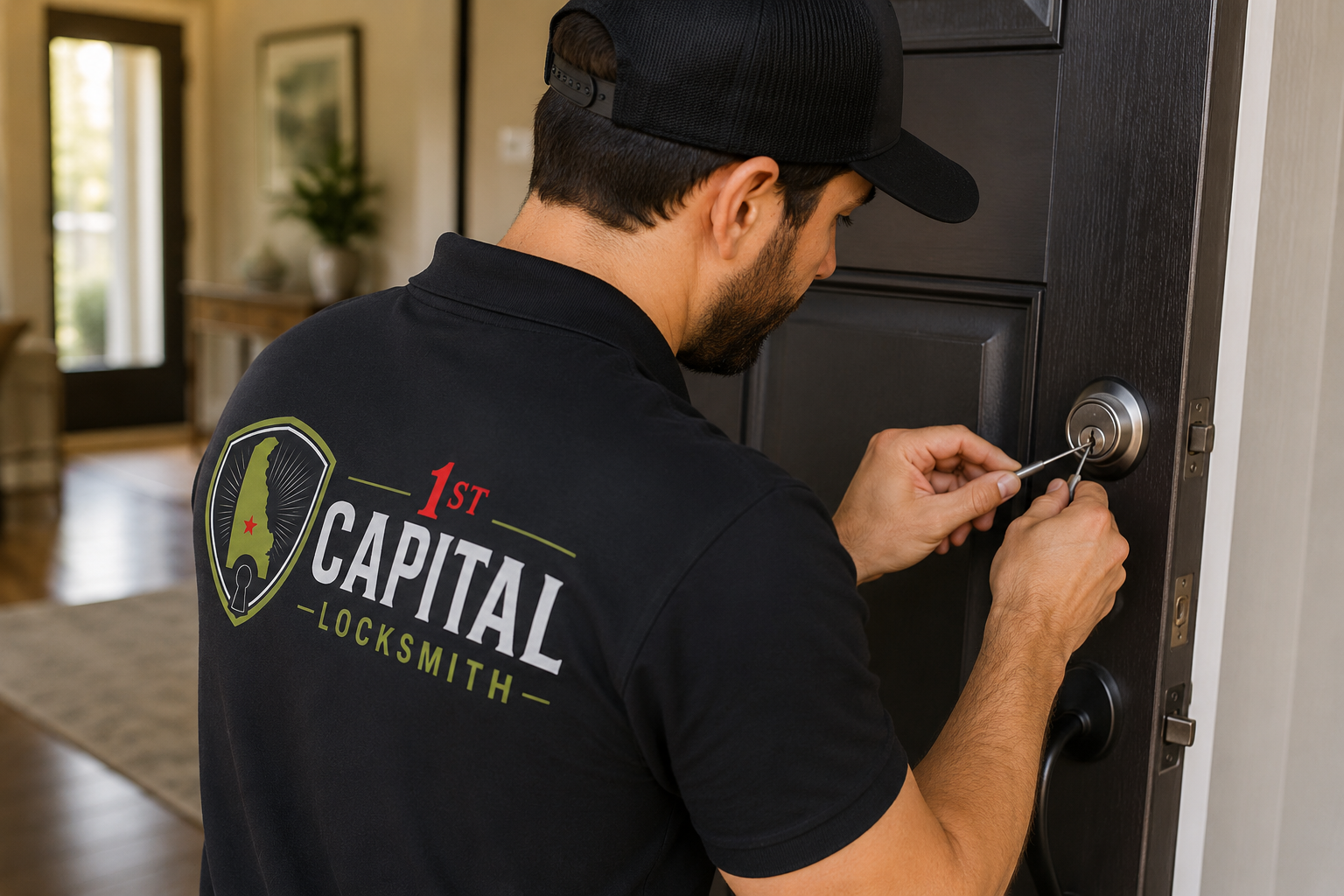 1st Capital Locksmith technician rekeying a home lock in Kent County, Delaware